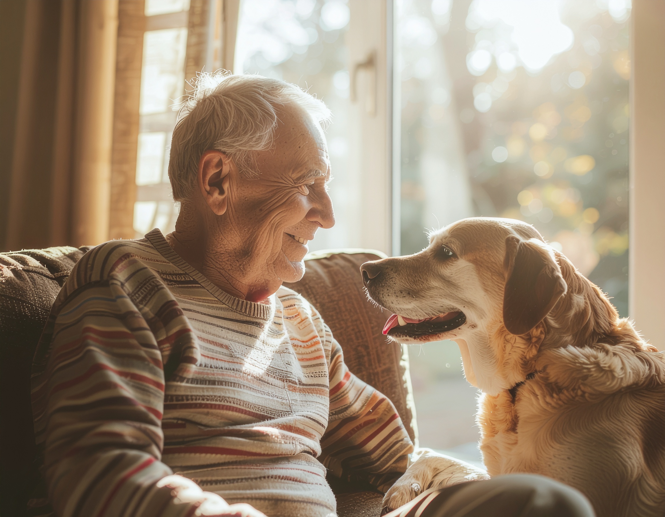 Homem idoso sentado em um sofá ao lado de um cão, ambos iluminados pela luz suave do sol que entra pela janela. O ambiente é aconchegante, com cores quentes e um clima de tranquilidade e amizade. A expressão sorridente do homem e o olhar atento do cão criam uma cena de conexão emocional. A composição é intimista, com foco suave no fundo, destacando os personagens principais.